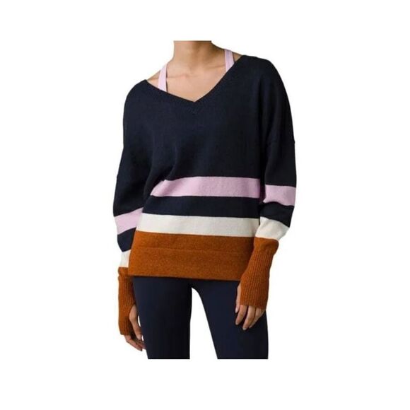 NWT prAna Norfolk Sweater sz Small in Gingerbread w navy, pink relaxed fit - Picture 1 of 9